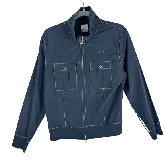 Nike Vintage Y2K Black Double Zipper Contrast Stitching Cotton Nylon Jacket Sz L - Picture 1 of 8